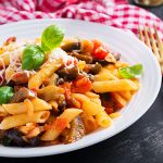 Pasta penne with eggplant.